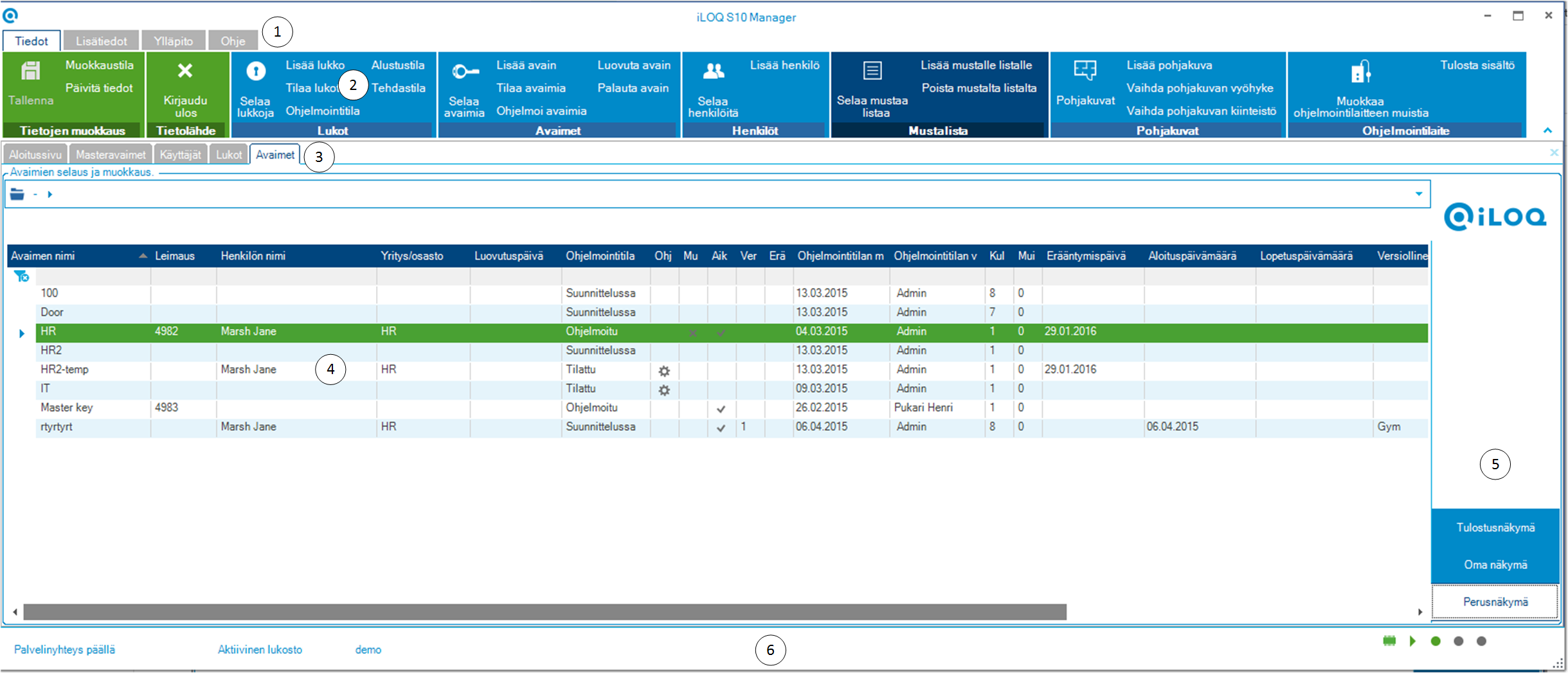 iLOQ S10 Manager -ohjelman käyttöliittymä